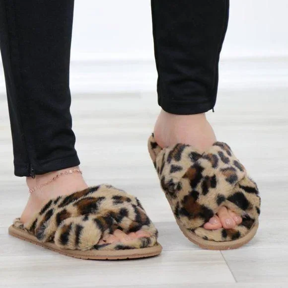 Leopard  Fuzzy Furry Criss Cross Sandal Sliders - Picture 4 of 14